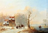 Famous Waterway Paintings - A Winter Landscape With Skaters On A Frozen waterway And A Horse-drawn Cart On A Snow-covered Track